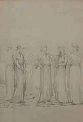 Etude de personnages féminins by Alphonse Osbert, Crayon noir et craie blanche sur papier bleu-gris, sold Feb 2026