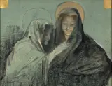 La Vierge et sainte Anne by Lucien Lévy-Dhurmer, Crayon noir, fusain, pastel et rehauts d’or sur papier bleu, sold Feb 2026