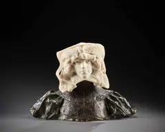 Portrait d’une artiste, dit aussi 'La Comédienne', portrait présumé de Sarah Bernhardt by Paul-François Berthoud, Marbre blanc et bronze à patine brun nuancé, sold Feb 2026