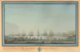 Vue de la rade de Toulon et de l'escadre du Roy. Commandée par Monsieur de Barras en 1777. by Joseph Michel dit Michel de Toulon, Gouache, avec un encadrement en trompe-l'œil, sold Sep 2026