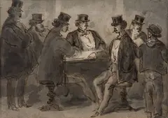 Groupe d'hommes attablés by Constantin Guys, Plume et encre brune, lavis gris, sold Sep 2026