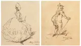 Paire de caricatures : un homme à la canne et une femme à l'éventail by Henry Monnier, Plume et encre brune sur traits de crayon, sold Sep 2026