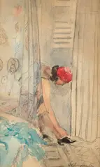 Elégante au chapeau rouge à travers les rideaux by Henri Lebasque, Aquarelle gouachée sur traits de crayon, sold Sep 2026