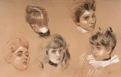 Etude de cinq têtes dont Ellen Helleu et Madame Clarigny by Paul César Helleu, Trois crayons, sold Sep 2026