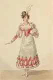 Portrait en pied d’une dame de qualité, projet de costume de bal by Jean-Baptiste Isabey, Aquarelle sur traits de plume et encre brune, sold Sep 2026