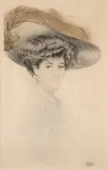 Elégante au chapeau et plume brune by Paul César Helleu, Pointe sèche en couleurs, sold Sep 2026