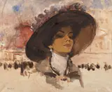 La belle au chapeau devant le Moulin Rouge, Paris by Victor Guerrier, Gouache sur papier marouflé sur toile, sold Sep 2026