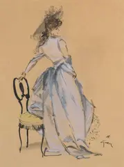 Elégante à la chaise by René Gruau, Plume, pinceau et encre noire, rehauts de gouache sur traits de crayon, sold Sep 2026