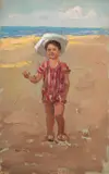 Le fils du peintre en tenue de bain sur la plage by Italico Brass, Huile sur carton, sold Sep 2026