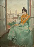 Femme à la robe verte tenant un éventail avec le campanile des Frari en arrière-plan, Venise by Italico Brass, Huile sur carton, sold Sep 2026