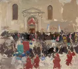 Procession devant San Trovaso, Venise by Italico Brass, Huile sur carton, sold Sep 2026