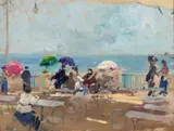Elégantes sur une terrasse au Lido, Venise by Italico Brass, Huile sur panneau, sold Sep 2026