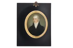 Untitled by Samuel Shelley, Watercolour on ivory Gilt-mounted rectangular papier-mâché frame Oval, offered Mar 2020