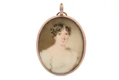 Untitled by John Comerford, Watercolour on ivory Gilt-metal frame, the reverse glazed to reveal red silk Oval, offered Mar 2020