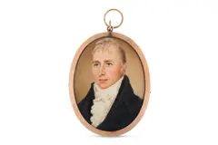 Untitled by John Comerford, Watercolour on ivory Gold frame the reverse glazed to reveal blue silk Oval, offered Mar 2020