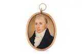 Untitled by John Comerford, Watercolour on ivory Gold frame the reverse glazed to reveal blue silk Oval, offered Mar 2020