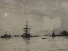 Fishing fleet in a calm sea and another etching by Charles Henry Baskett (1872-1953), 'HMS Victory by Norman Wilkinson, etching, sold Apr 2017