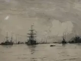 Fishing fleet in a calm sea and another etching by Charles Henry Baskett (1872-1953), 'HMS Victory by Norman Wilkinson, etching, sold Apr 2017