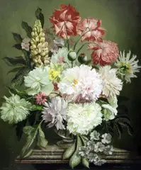 Flower arrangement'signed and dated '75, Stacy Marks label23.5 x 19.5in by Bennett Oates, oil on wood, sold Mar 2017