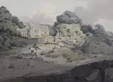 WatercolourCornish landscape with woodcutters before a country by Samuel Prout, watercolor, sold Mar 2017