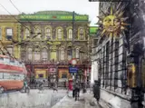 King Street, Hammersmithlabel verso10.25 x 13.5in by Ruskin Spear, ink, sold Mar 2017