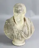 A 19th century carved marble bust of a gentleman wearing classical robes, inscribed verso EB Stephens RA ..., London, 27in., weathered by Edward Bowring Stephens, sculpture, sold Mar 2017