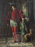 Florentine guardsmen and a hound beside a doorway by Charles-Alexandre Coëssin de la Fosse, oil on wood, sold Mar 2016
