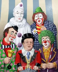 Circus clowns and ringmaster by Fred Aris, oil on board, sold Mar 2016
