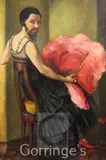 Portrait of a bearded lady, seated holding an ostrich feather fan by Hélène Detroyat, oil on canvas, sold Mar 2016