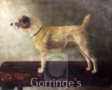 Portrait of a Parsons Jack Russell terrier, standing upon a table by Adrienne Lester, oil on canvas, sold Mar 2016