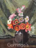 Flowers in a black pot, c.1948, initialled verso in the hand of Duncan Grant,Vanessa Bell Estate stamp verso, Bloomsbury Workshop label,16 x 12in by Vanessa Bell, oil on canvas, sold Mar 2016