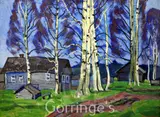 Birch trees and farm buildings by Yuri Matushevski, oil on paper, sold Mar 2016