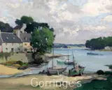Estuary scene with fishing village by Georges Charles Robin, oil on canvas, sold Mar 2016