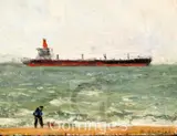 Freighter at seat with dog walker on the beach by Richard Eurich, oil on board, sold Mar 2016