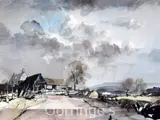 Kentish landscape with farm buildings by Rowland Hilder, ink, sold Mar 2016