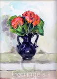 Geraniums in a blue vase, c.1960,Bloomsbury Workshop label verso,14 x 10.5in by Duncan Grant, watercolour and pencil on paper, sold Mar 2016