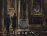 Couple with baby, Notre Dame, Paris by John Linfield, oil on board, sold Feb 2016