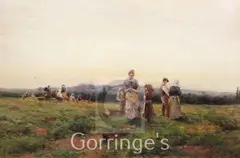 Figures returning from the fields at sunset by Yeend King, oil on board, sold Feb 2016