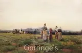 Figures returning from the fields at sunset by Yeend King, oil on board, sold Feb 2016