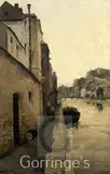 Waterside cottages by William G. Delsaux, oil on canvas, sold Feb 2016