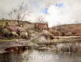 Lakeside cottage with figures on a path by Wiggs Kinnaird, watercolour, sold Feb 2016