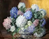 Still life of Hydrangeas in a delft bowl by Marion Broom, watercolour, sold Feb 2016