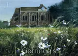 Church viewed from a field by Paul Evans, gouache, sold Feb 2016