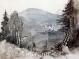 Travellers in an alpine landscape,Manning Gallery's label verso,7 x 9.75in by Samuel Prout, watercolour, sold Feb 2016