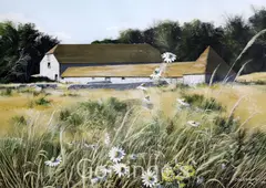Flint barns from the field by Paul Evans, gouache, sold Feb 2016