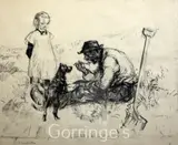 Girl watching the gardener eating his lunch by Edmund Blampied, lithograph, sold Feb 2016