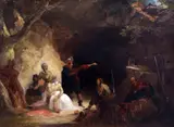 A theatrical scene with figures outside a cave,13 x 17.5in by John Hamilton Mortimer, oil on panel, sold Dec 2015
