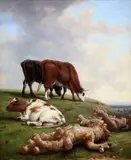 Cattle grazing beside a fallen tree trunk by Thomas Baker, 1861, oil on board, sold Dec 2015