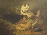 Terriers beside a rabbit hole,12 x 16in by Edward Armfield, oil on canvas, sold Dec 2015