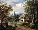 Woodland scene with figures on a lane,5 x 6.5in by John Moore of Ipswich, oil on board, sold Dec 2015